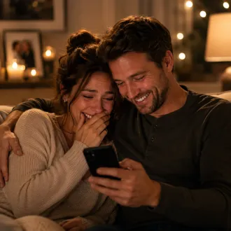 Couple listening to a personalized custom song together, sharing emotional memories, laughter, and special moments from their relationship.