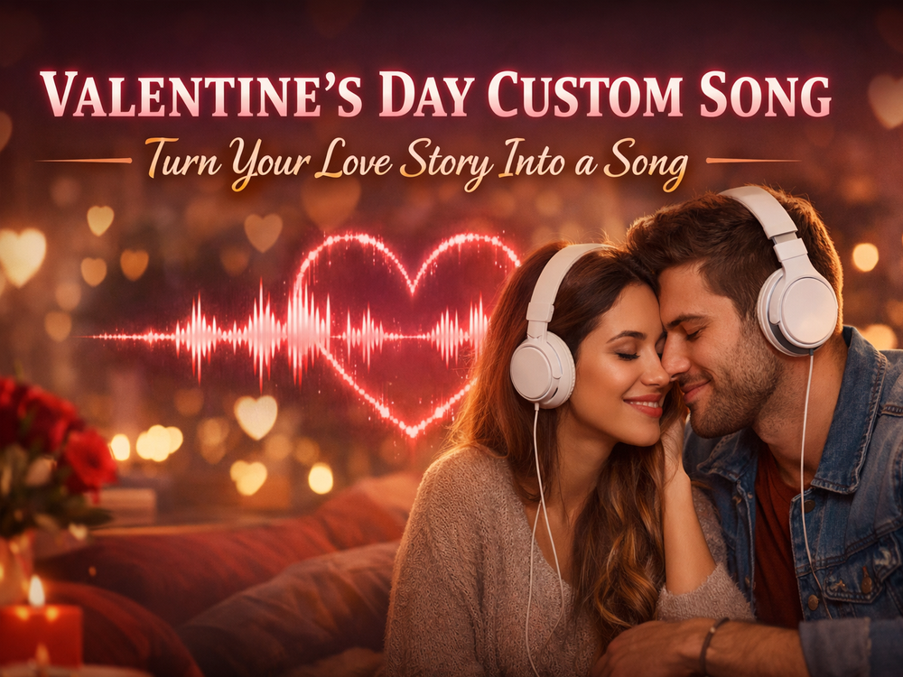 Valentine’s Day custom song banner showing a romantic couple listening to music with a heart-shaped audio waveform in the background