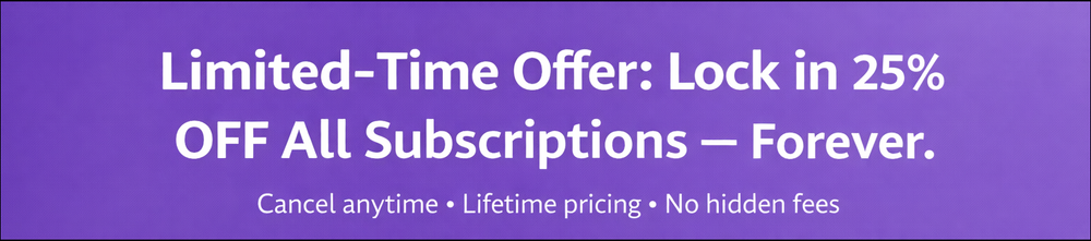 NeuralNoises limited-time sale banner offering 25 percent off all music subscriptions forever