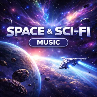 Space and sci-fi royalty-free music for creators, showing a futuristic starship exploring a vibrant galaxy with planets and nebula clouds.