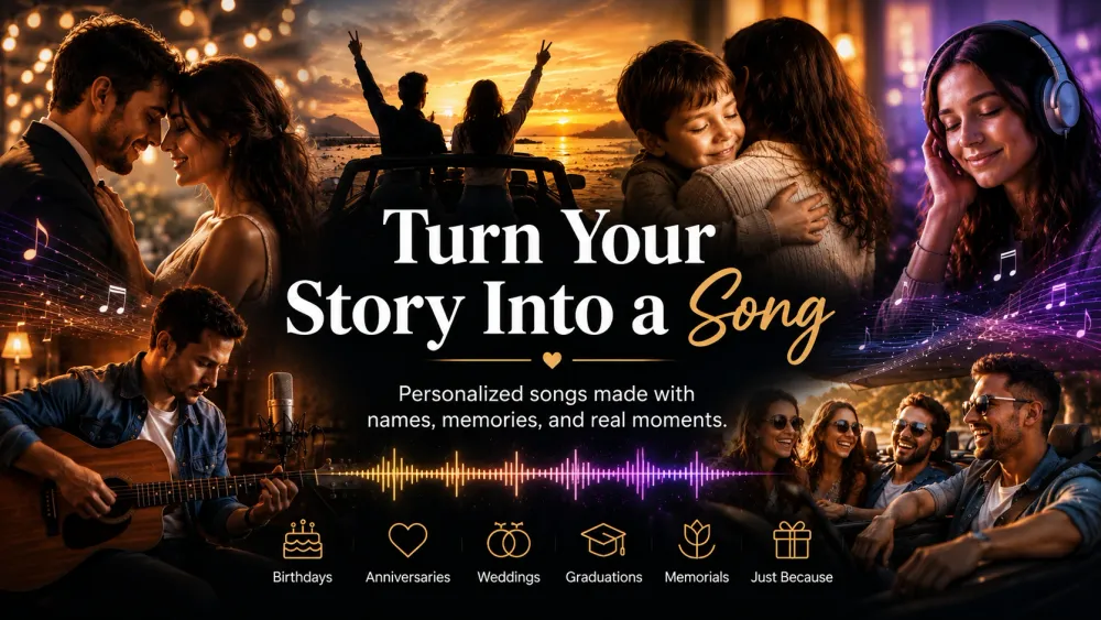 Personalized custom song gift banner showing couples, family, friends, and emotional moments connected through music, memories, and meaningful songs for special occasions.