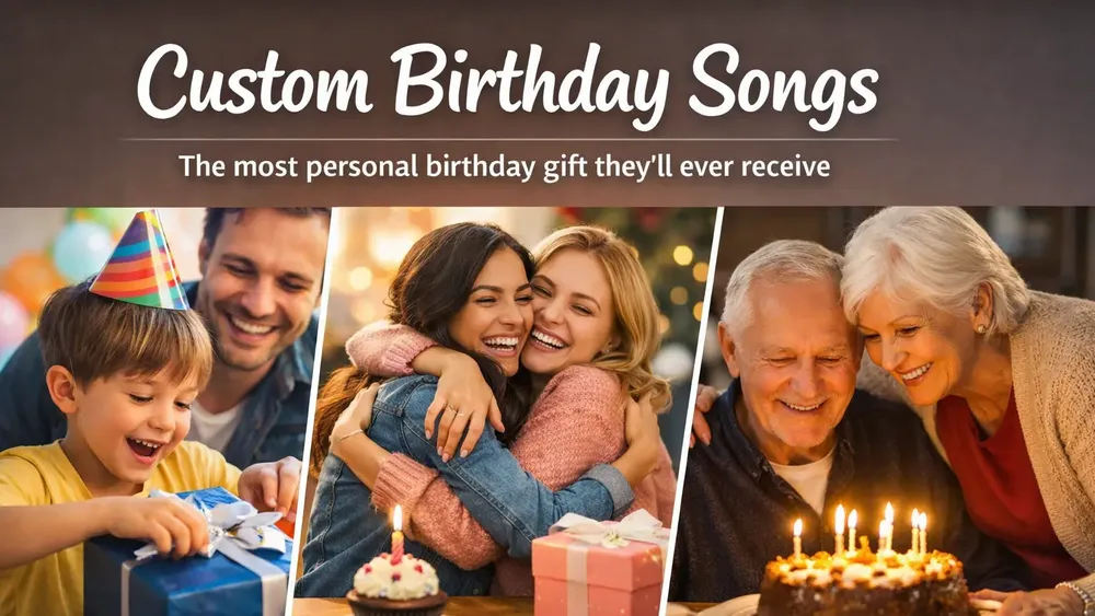 Custom Birthday Songs banner showing a child opening a gift, two friends hugging, and grandparents celebrating with a birthday cake.