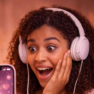 Happy girl reacting to a valentine's day song