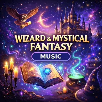 Wizard and mystical fantasy royalty-free music for creators, showing an enchanted castle, floating spellbook, candles, and magical glowing effects in a starry night sky.