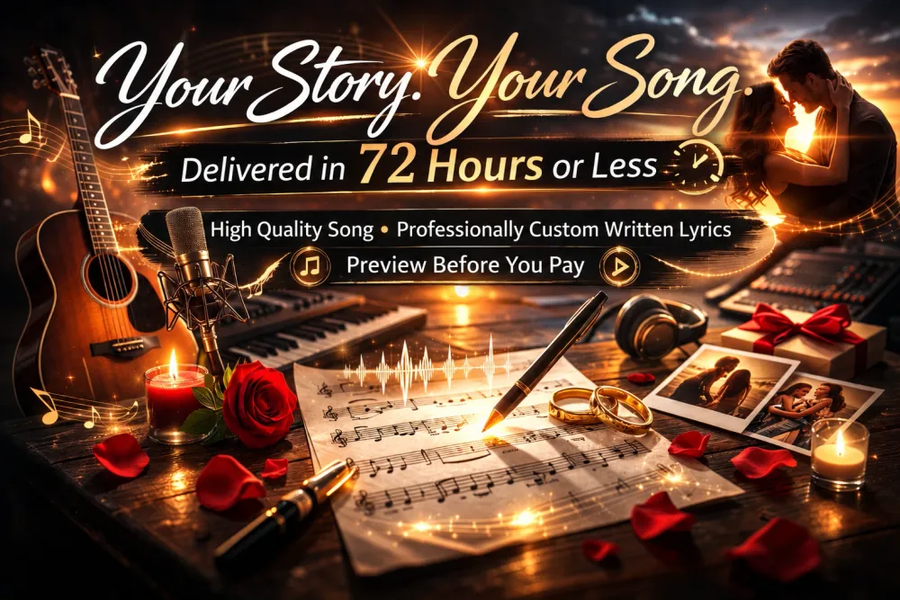 Custom song gift with professionally written lyrics, music production, preview before purchase, and delivery within 72 hours for birthdays, anniversaries, weddings, and graduations.