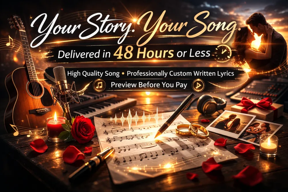 Romantic custom song service hero banner showing musical instruments, wedding rings, and a couple embracing with text “Your Story. Your Song. Delivered in 48 Hours or Less.