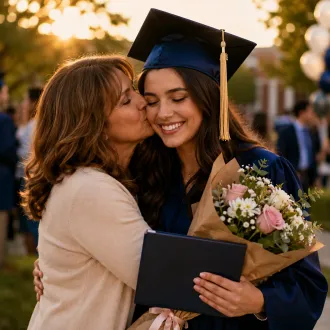 Graduate celebrating with her mother after graduation, representing a personalized graduation song gift honoring achievements and memories.