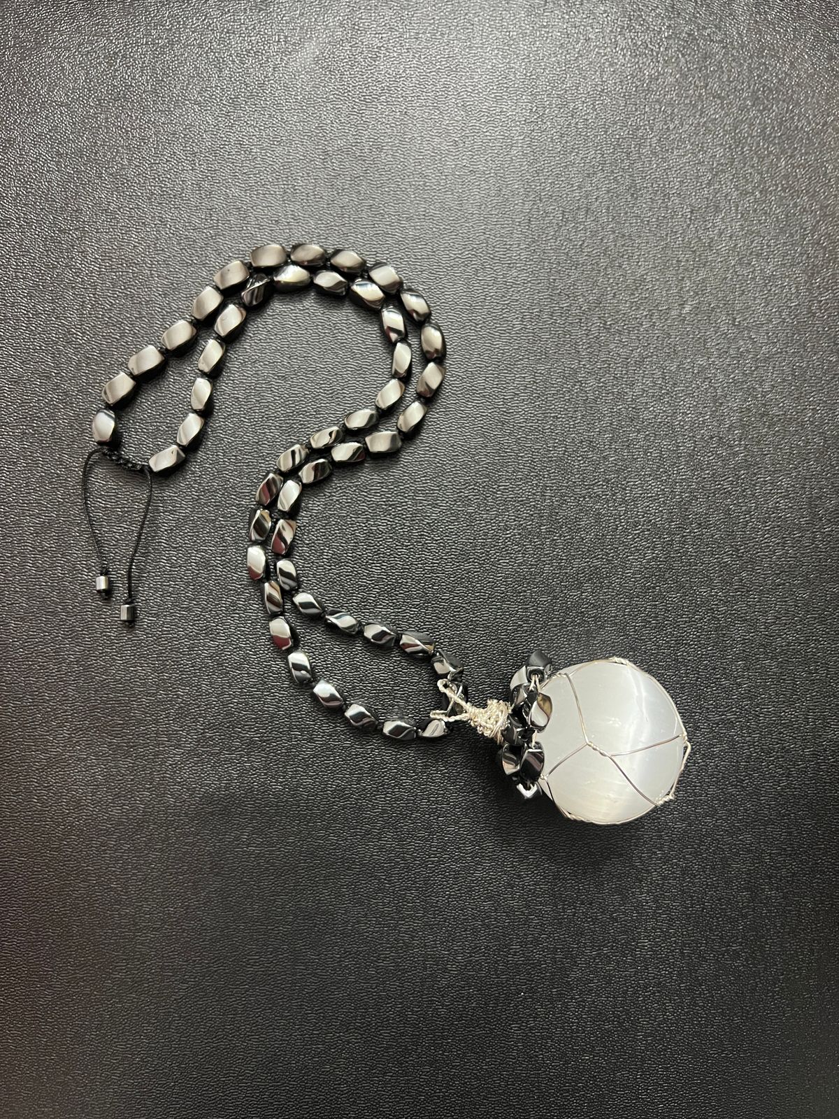 Hematite & Selenite wire-wrapped beaded adjustable necklace