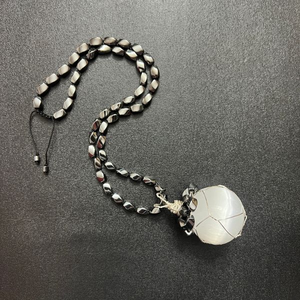 Hematite & Selenite wire-wrapped beaded adjustable necklace