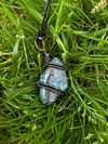Blue Crazy Lace Agate wire-wrapped with black leather necklace