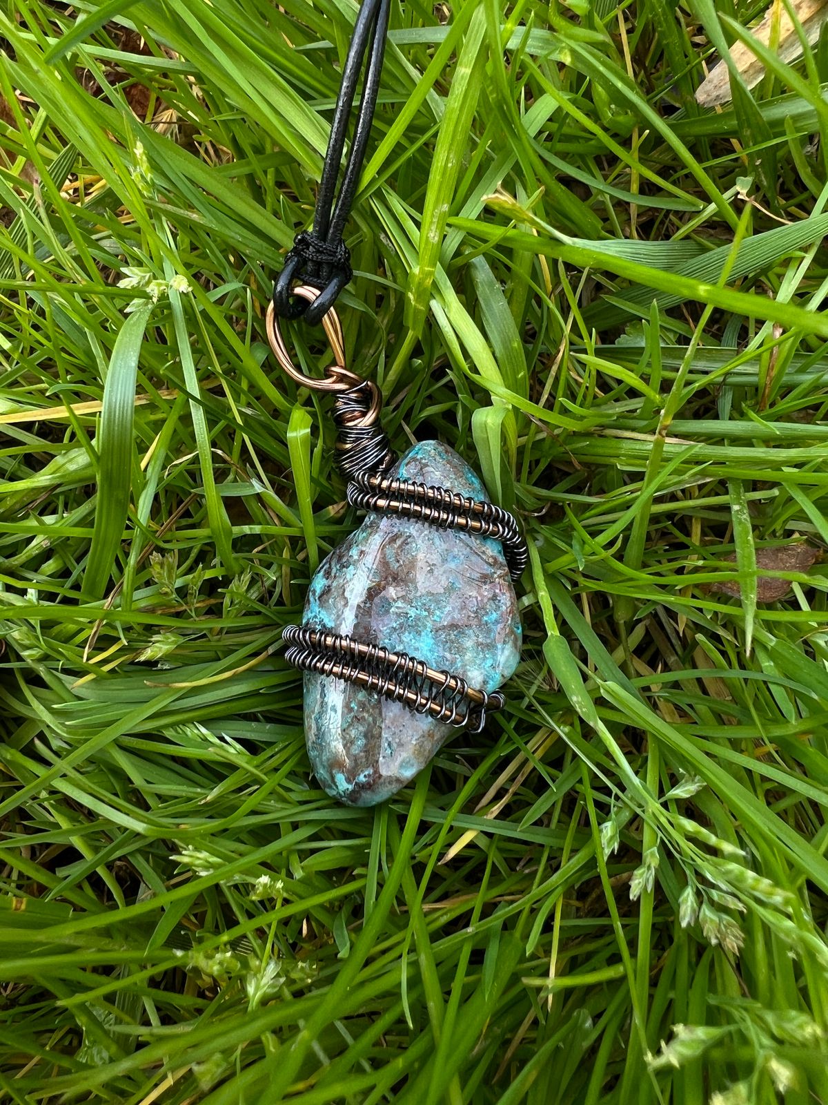 Blue Crazy Lace Agate wire-wrapped with black leather necklace