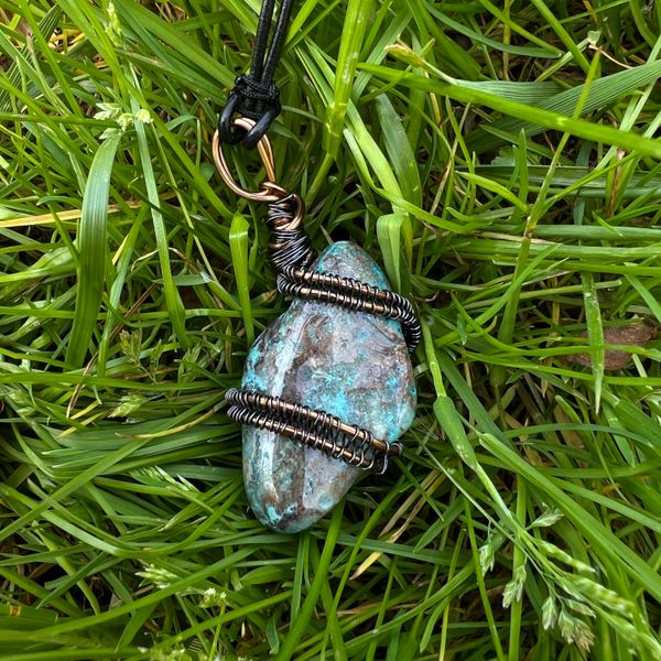 Blue Crazy Lace Agate wire-wrapped with black leather necklace