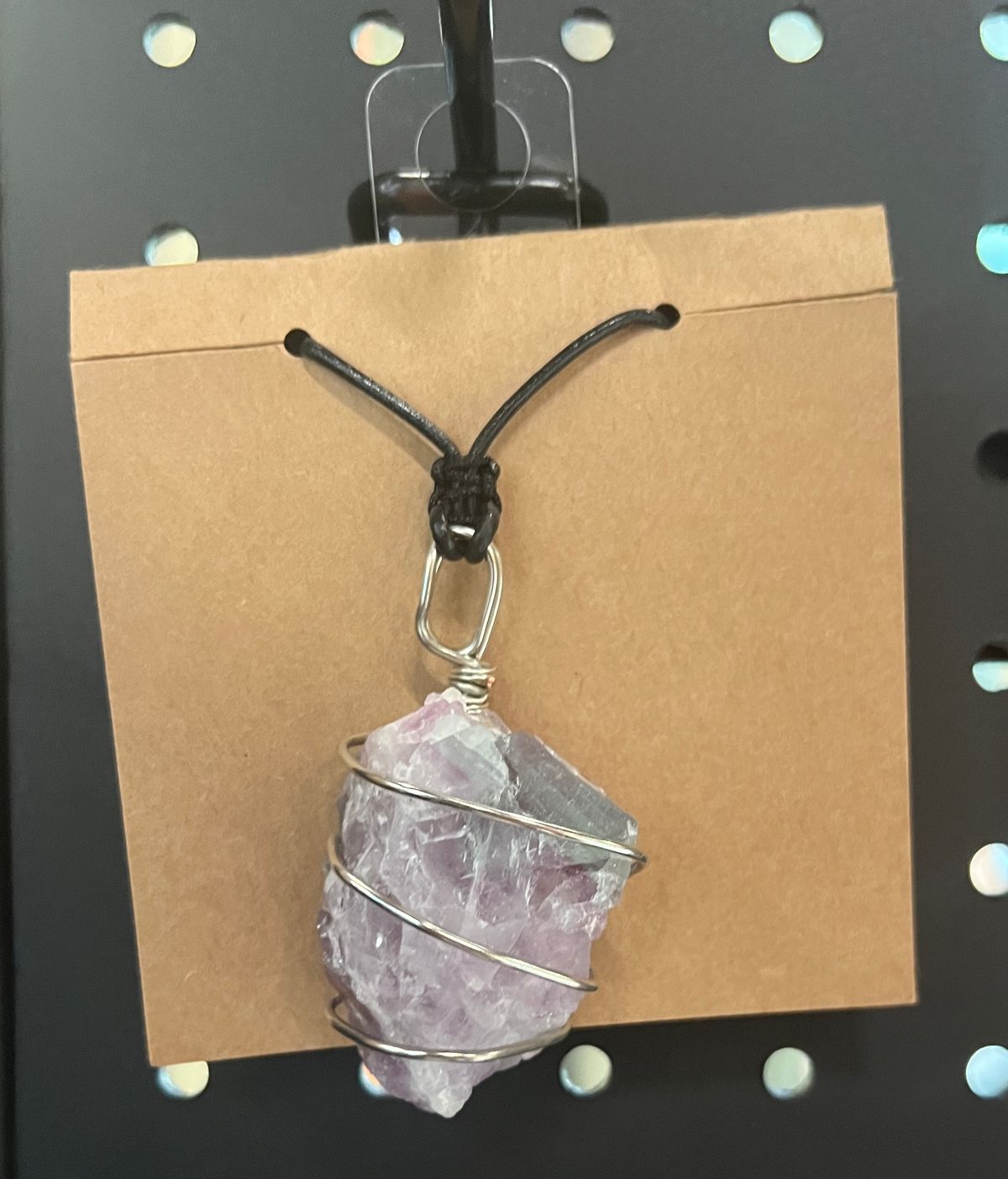 Flourite wire-wrapped necklace with black leather necklace