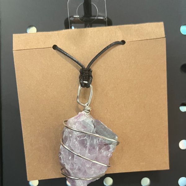 Flourite wire-wrapped necklace with black leather necklace