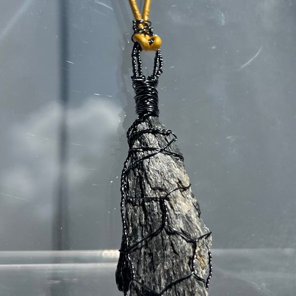 Black Kyanite stone with yellow leather necklace