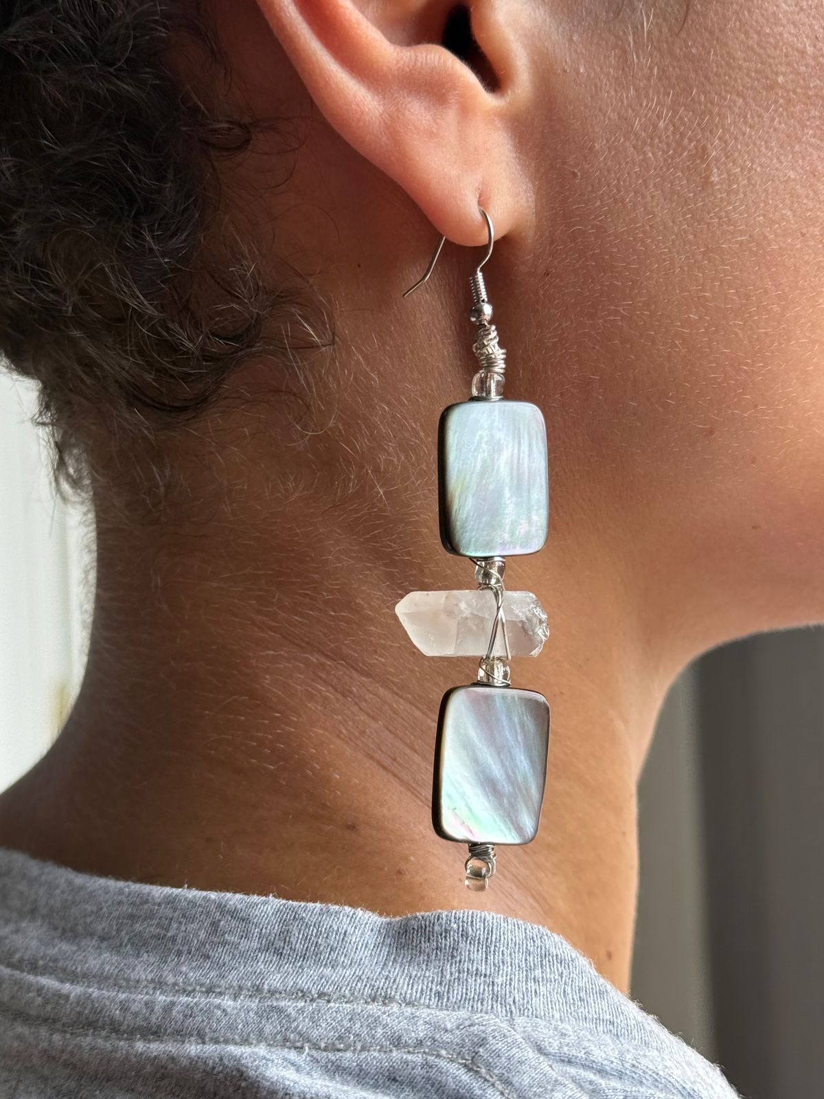 Clear Quartz Earrings wire-wrapped with Iridescent Shell Bead