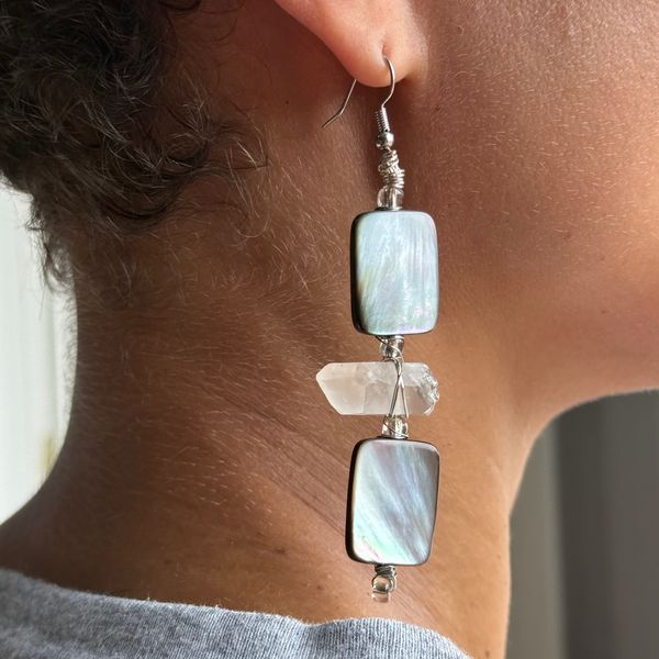 Clear Quartz Earrings wire-wrapped with Iridescent Shell Bead