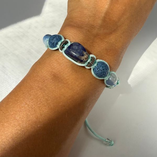 Sodalite + Blue Crazy Lace Agate + Moonstone + EO Lava stone macrame bracelet