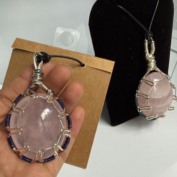 Rose Quartz wire-wrapped with black leather necklace