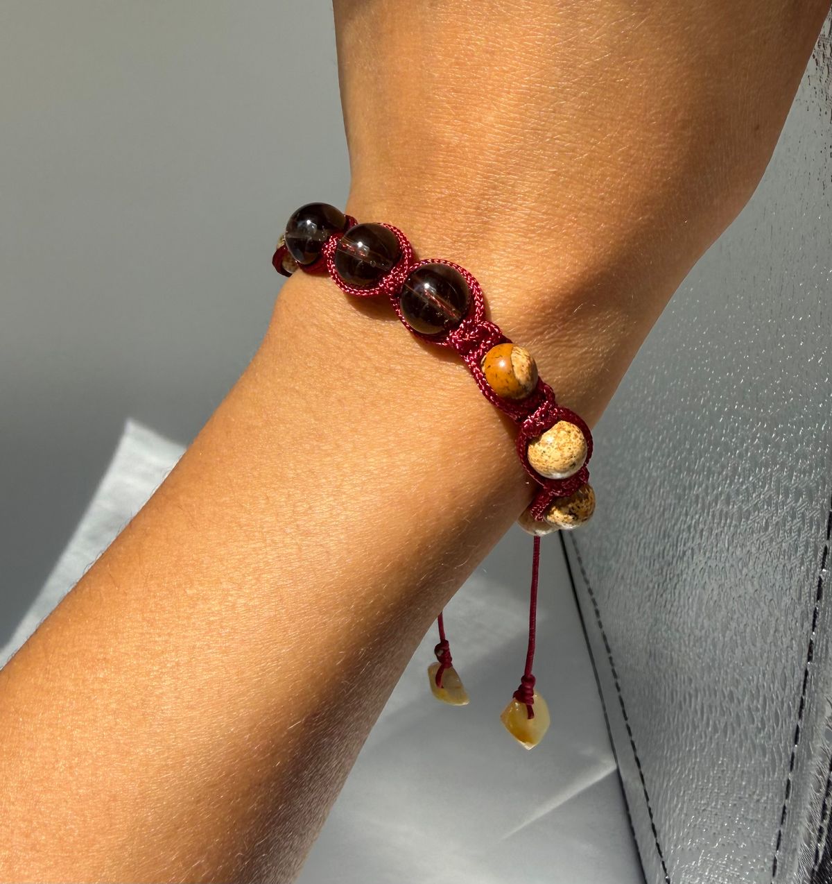 Smoky Quartz + Picture Jasper macrame bracelet