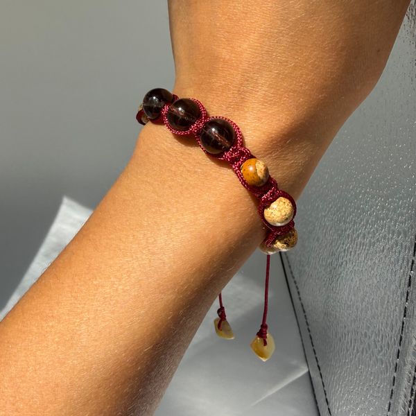Smoky Quartz + Picture Jasper macrame bracelet