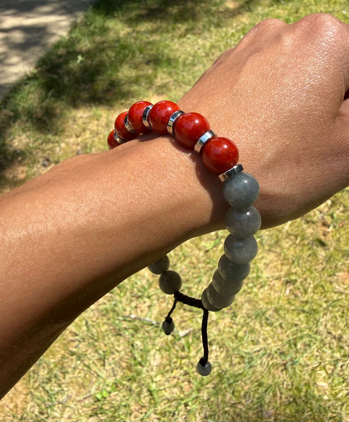 Blue Gray Jade + Red Jasper beaded bracelet