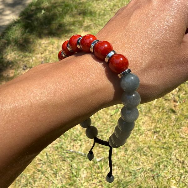 Blue Gray Jade + Red Jasper beaded bracelet