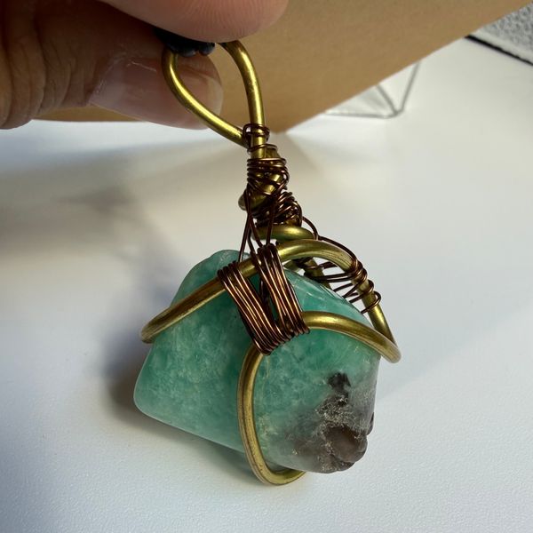 Amazonite wire-wrapped with black leather necklace