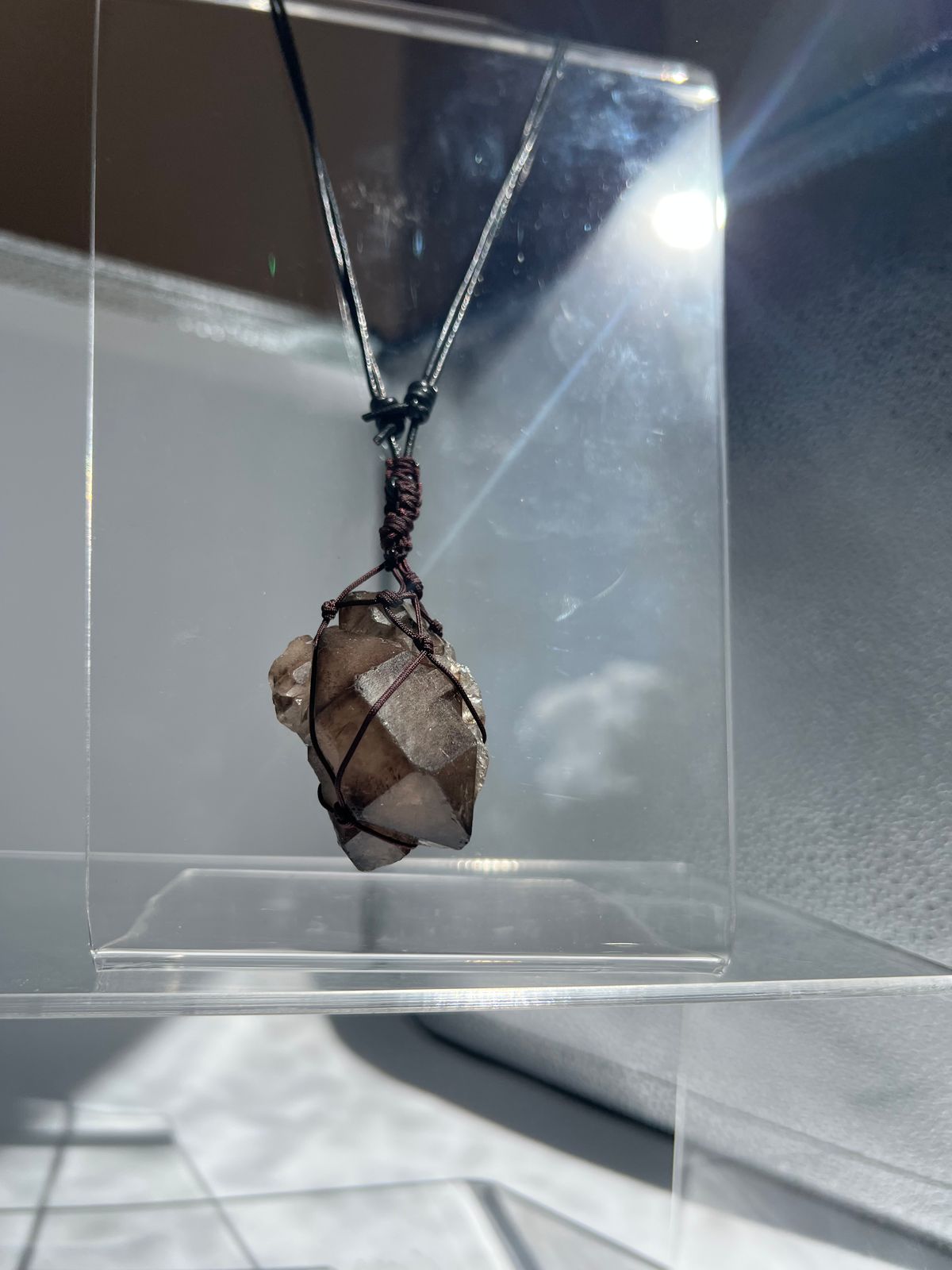 Smoky Quartz stone with black leather necklace