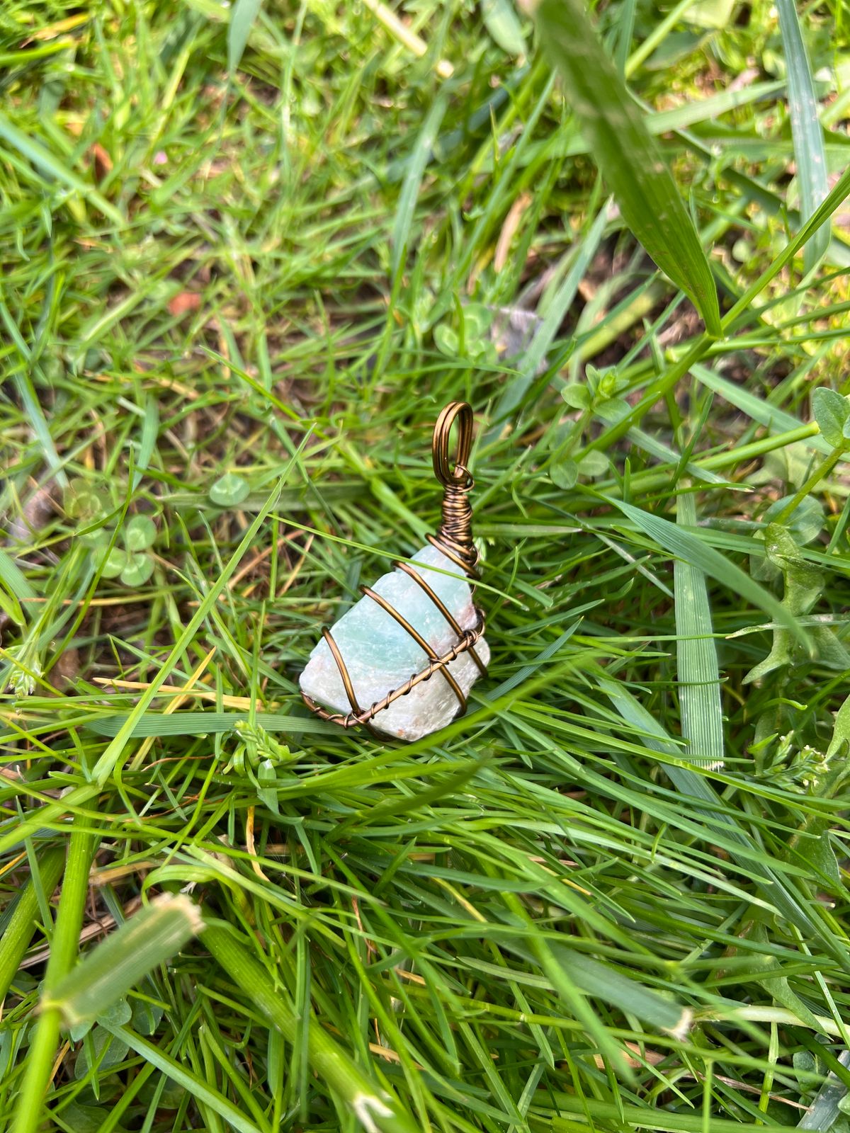 Aquamarine wire-wrapped with brown leather necklace