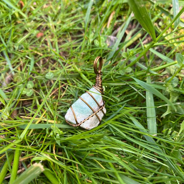 Aquamarine wire-wrapped with brown leather necklace
