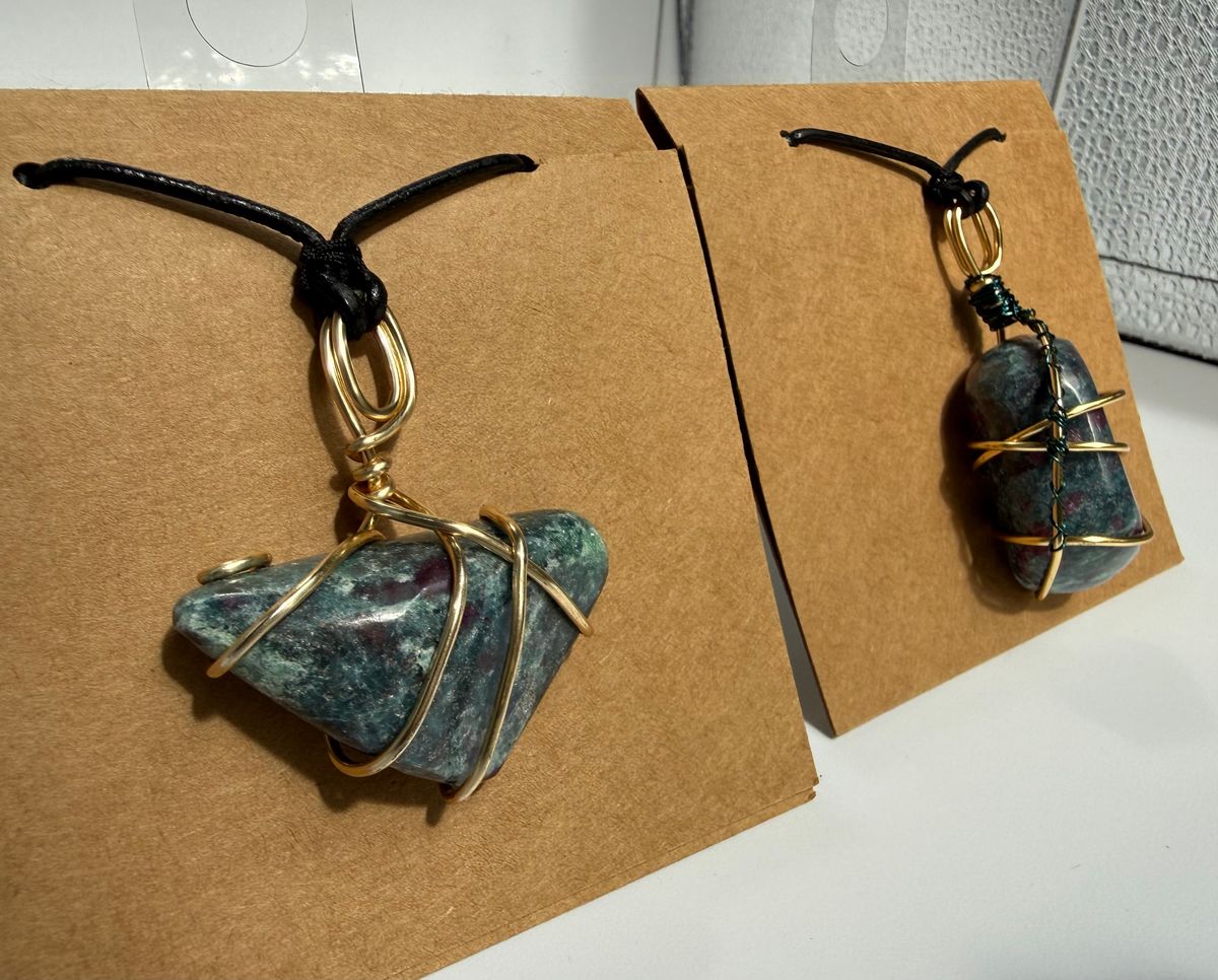 Ruby in Kyanite wire-wrapped with black leather necklace