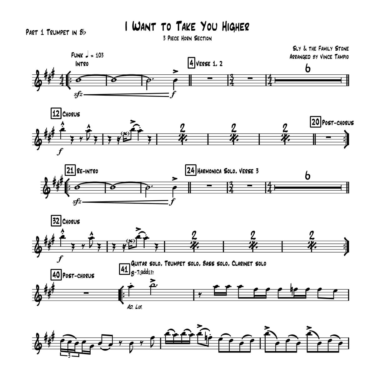 "I Want To Take You Higher" by Sly and the Family Stone for 3-Piece Horn Section