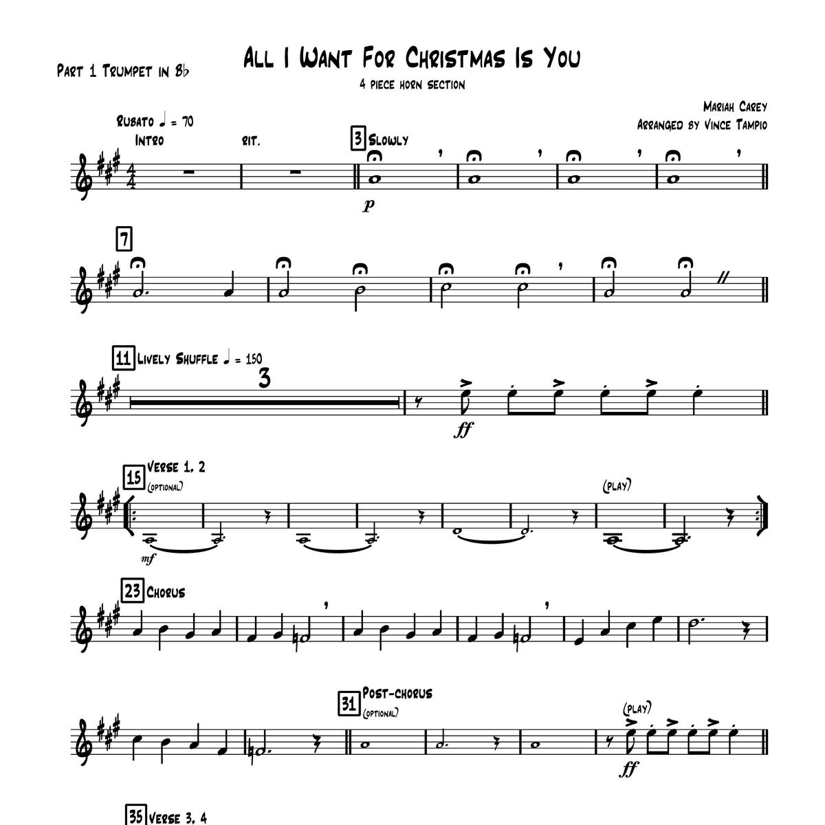 "All I Want For Christmas Is You" by Mariah Carey for 4-Piece Horn Section