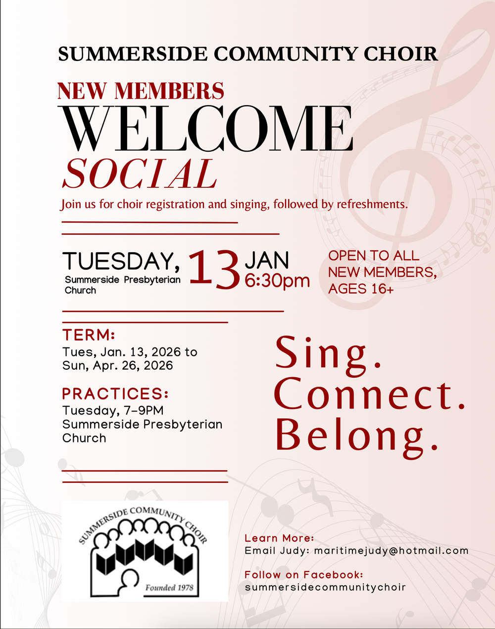 Summerside Community Choir Welcome Social Poster for Term 2, 2026.