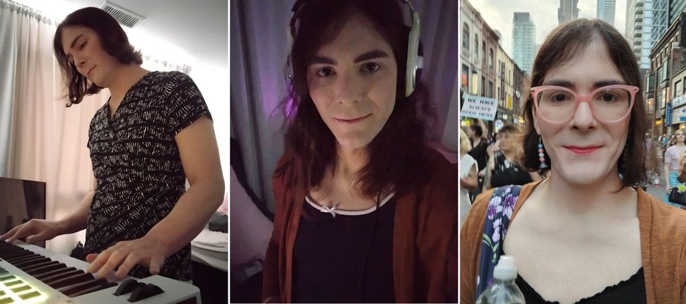 jacie plays keyboard; jacie wearing headphones, jacie in crowded street