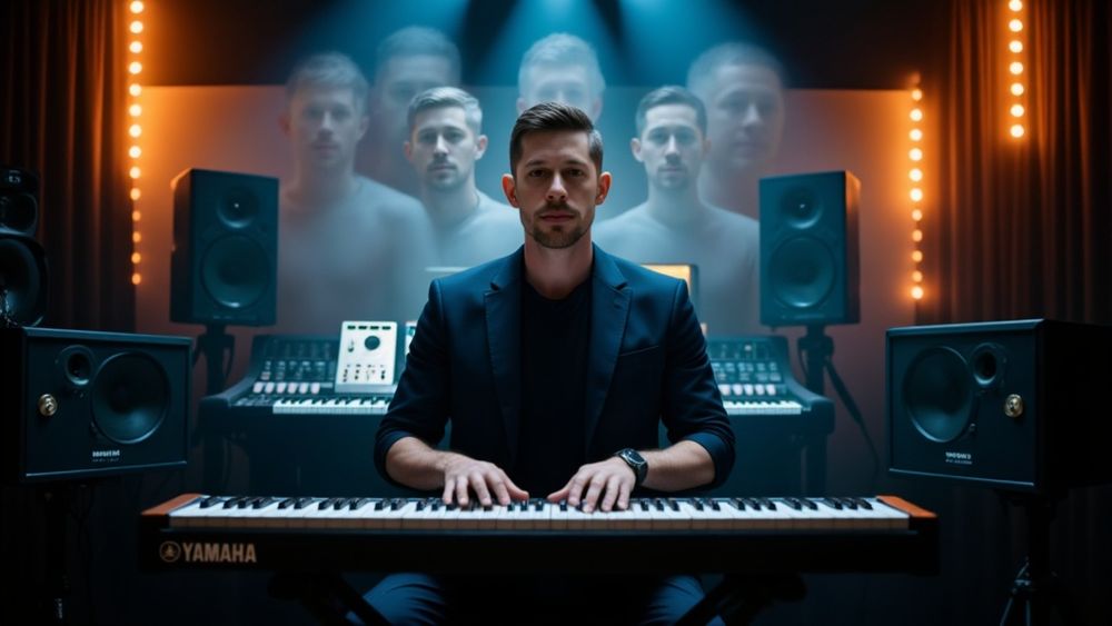 Musician with ghostly images of himself floating around him seated at the piano looking at photographer