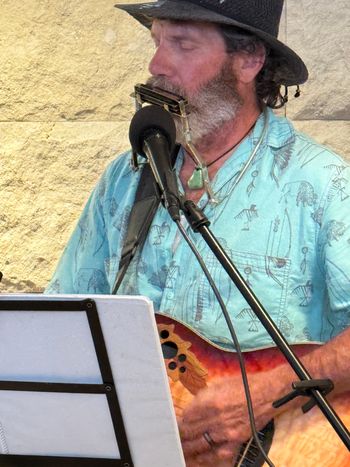 Playing guitar and harmonica is not as easy as it looks.

