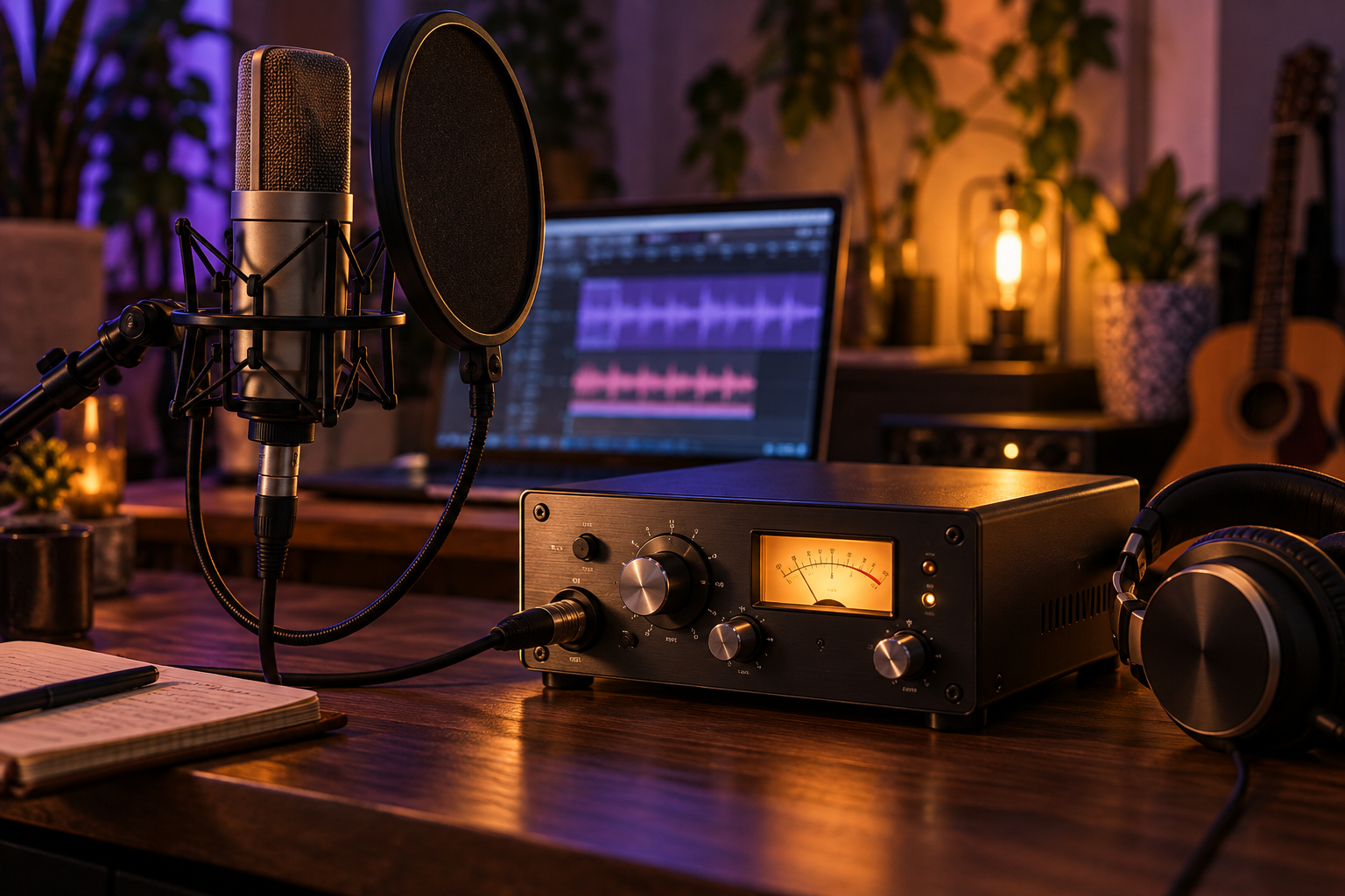 Condenser microphone, analog vocal preamp with a glowing VU meter, and headphones on a warmly lit home recording desk