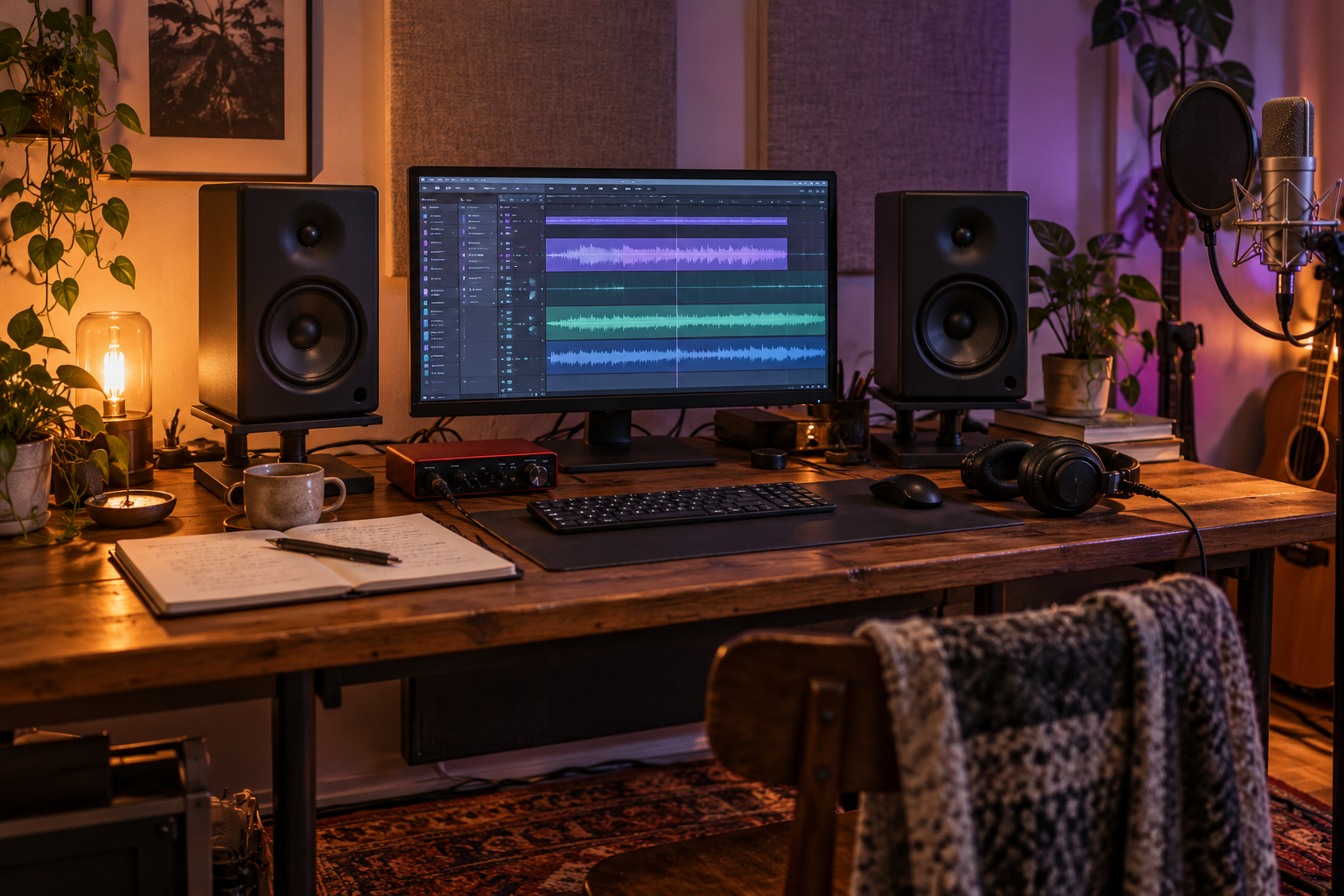 Two studio monitor speakers beside a computer, audio interface, headphones, and vocal microphone in a warmly lit home studio