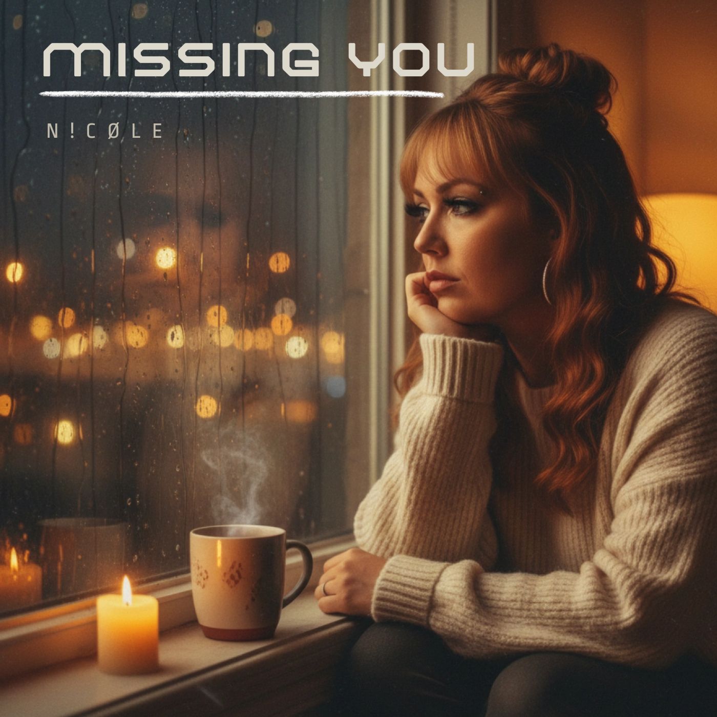 Singer N!CØLE sitting by a rainy window with a coffee mug on the windowseal