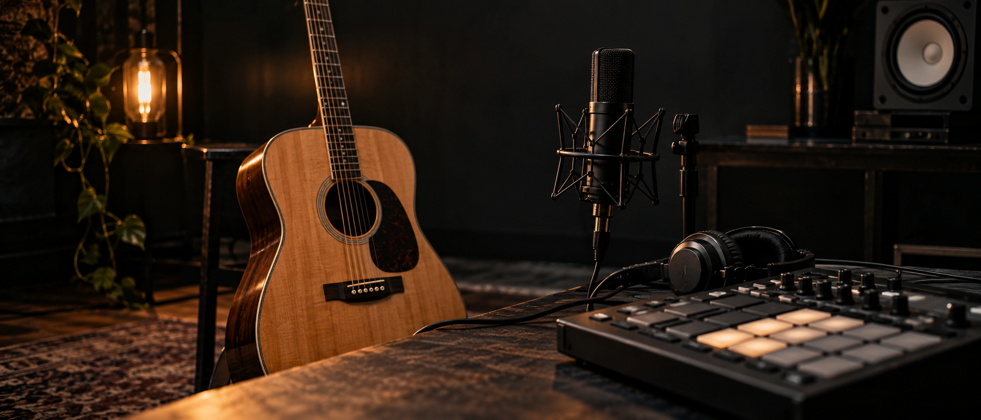 Acoustic guitar, studio microphone, and beat pad in a warmly lit recording studio