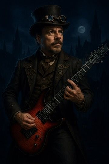 An image of Shannow in full Steampunk Victorian er dress.  He is wearing a large top hat decorated with inventors goggled is shredding a red sunburst electric guitar