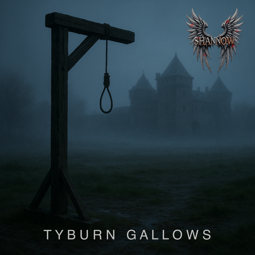 An image of a misty common in the pre-dawn light, with a hanging gallows in the foreground and an 18th century prison obscured by fog in the background.  The Shannow logo is in the top left 