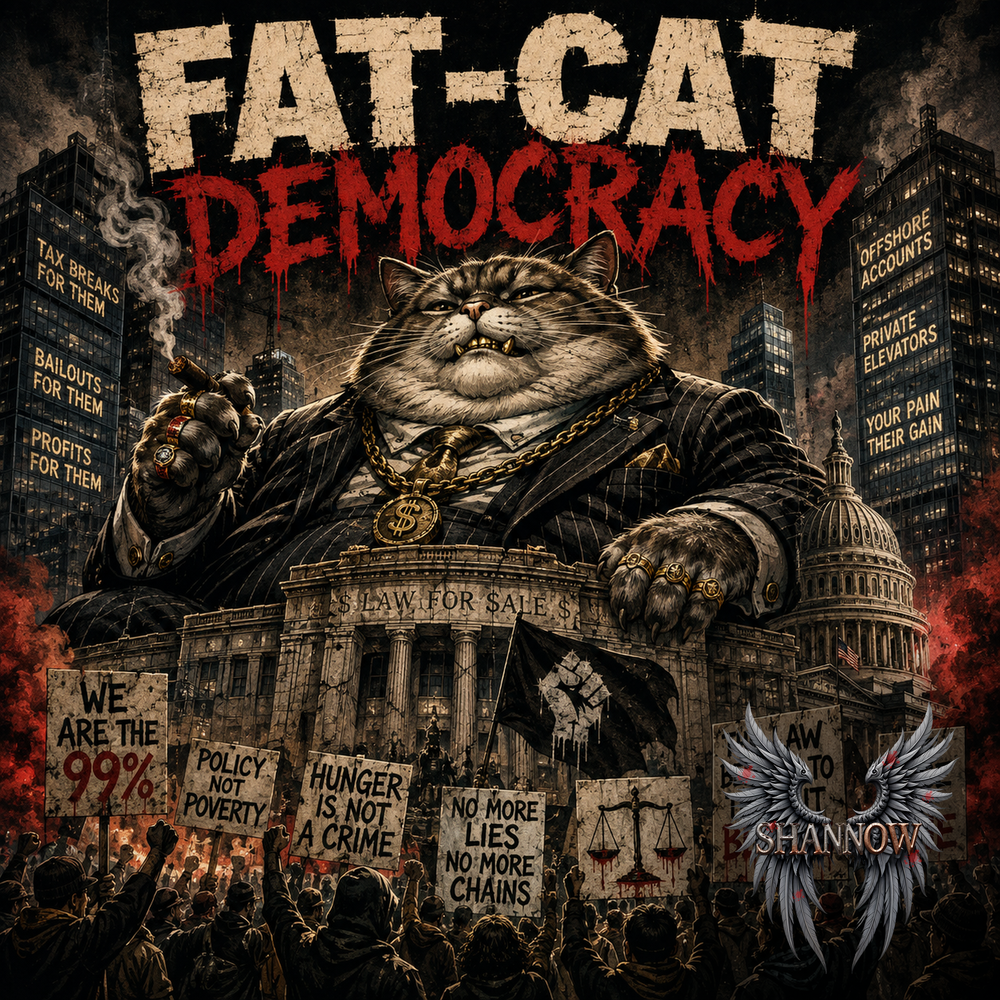 An image of a giant, fat cat in a pinstripe  suit rising above the Bank of England.  Below him are thousands of banner wielding protesters .  The title reads "Fat-Cat Democracy" 