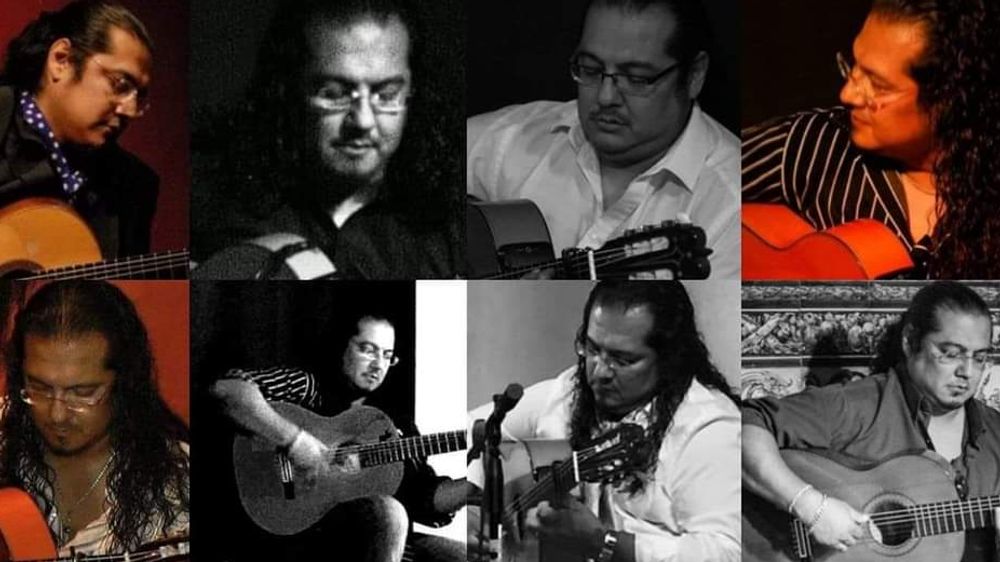 Collage of eight images showing Shane playing flamenco guitar in different poses and settings, highlighting his technique and expression.