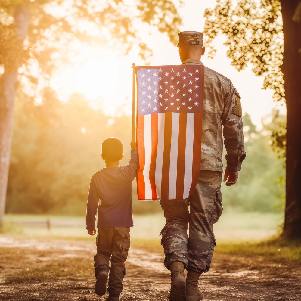 Military service member with child symbolizing how ZONO™ disinfecting and sanitizing cabinets support government operations, readiness, and institutional equipment sanitation