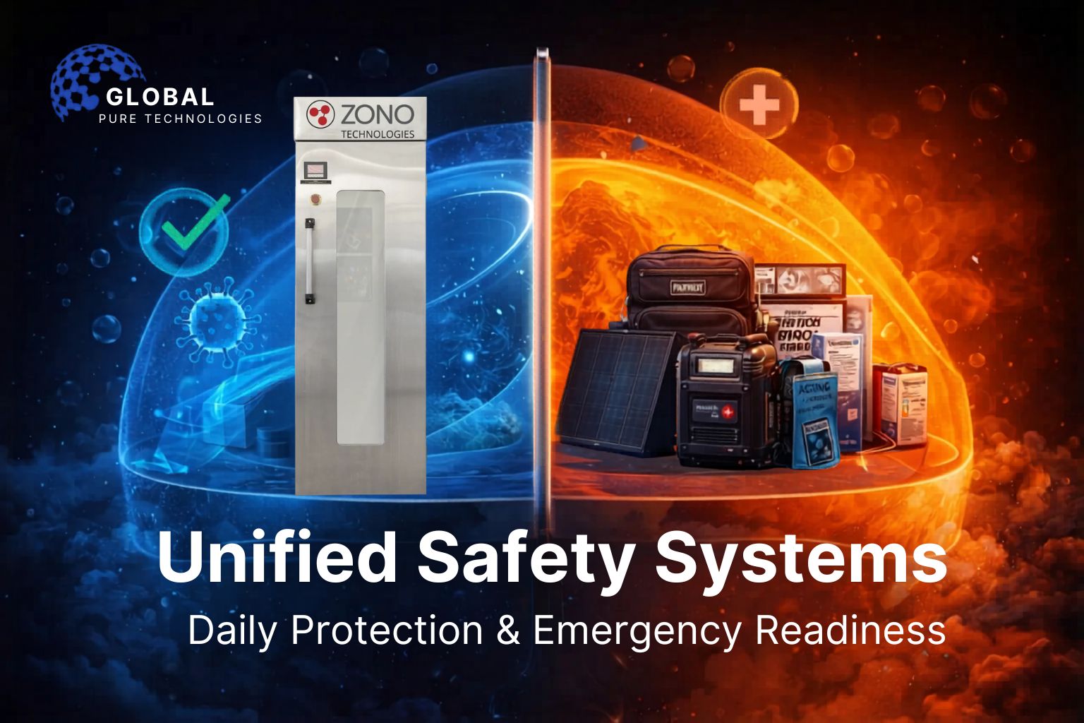 ZONO disinfecting and sanitizing cabinet with emergency preparedness supplies including solar generator and survival kits representing unified safety systems for daily protection and readiness