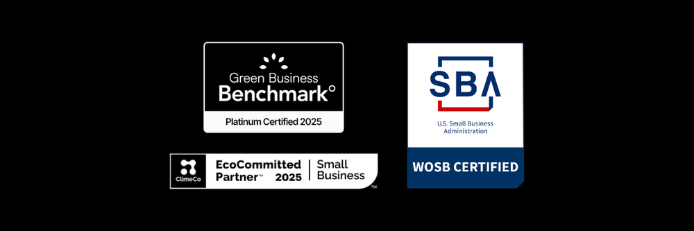 Green Business Benchmark Platinum Certified 2025, ClimateCo EcoCommitted Small Business Partner 2025, and SBA WOSB Woman-Owned Small Business certification badges
