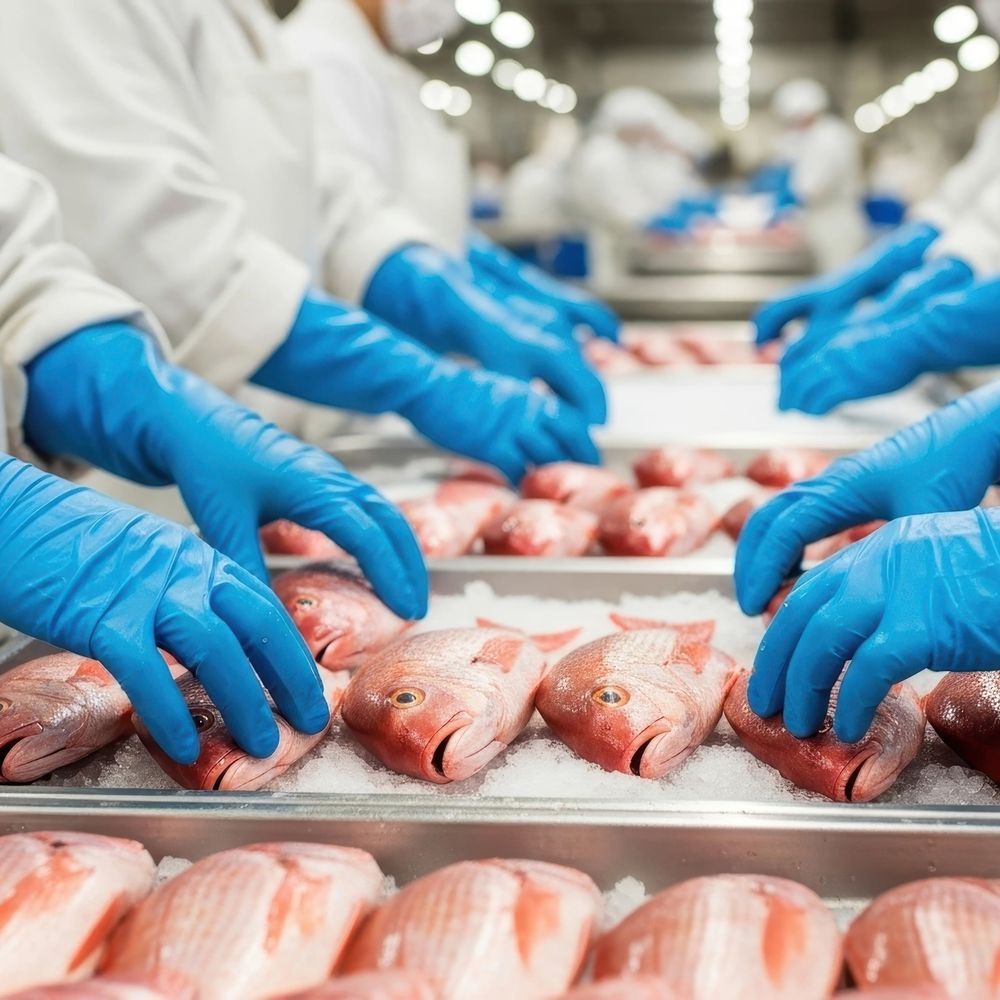Cold storage and food handling workers using PPE on a processing line, illustrating why cold storage teams choose the ZONO™ Disinfecting & Sanitizing Cabinet for non-food-contact gear